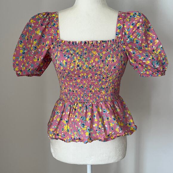 French Connection Stacie Daisy Print Smocked Peplum Top Moonlite Pink - Picture 3 of 8